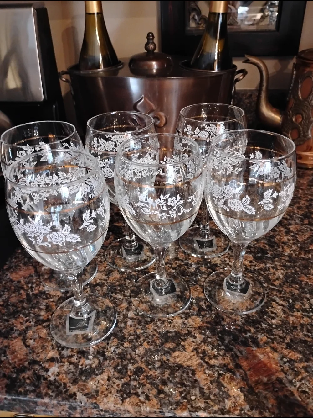 Set of 6 White Etched Wine Glasses